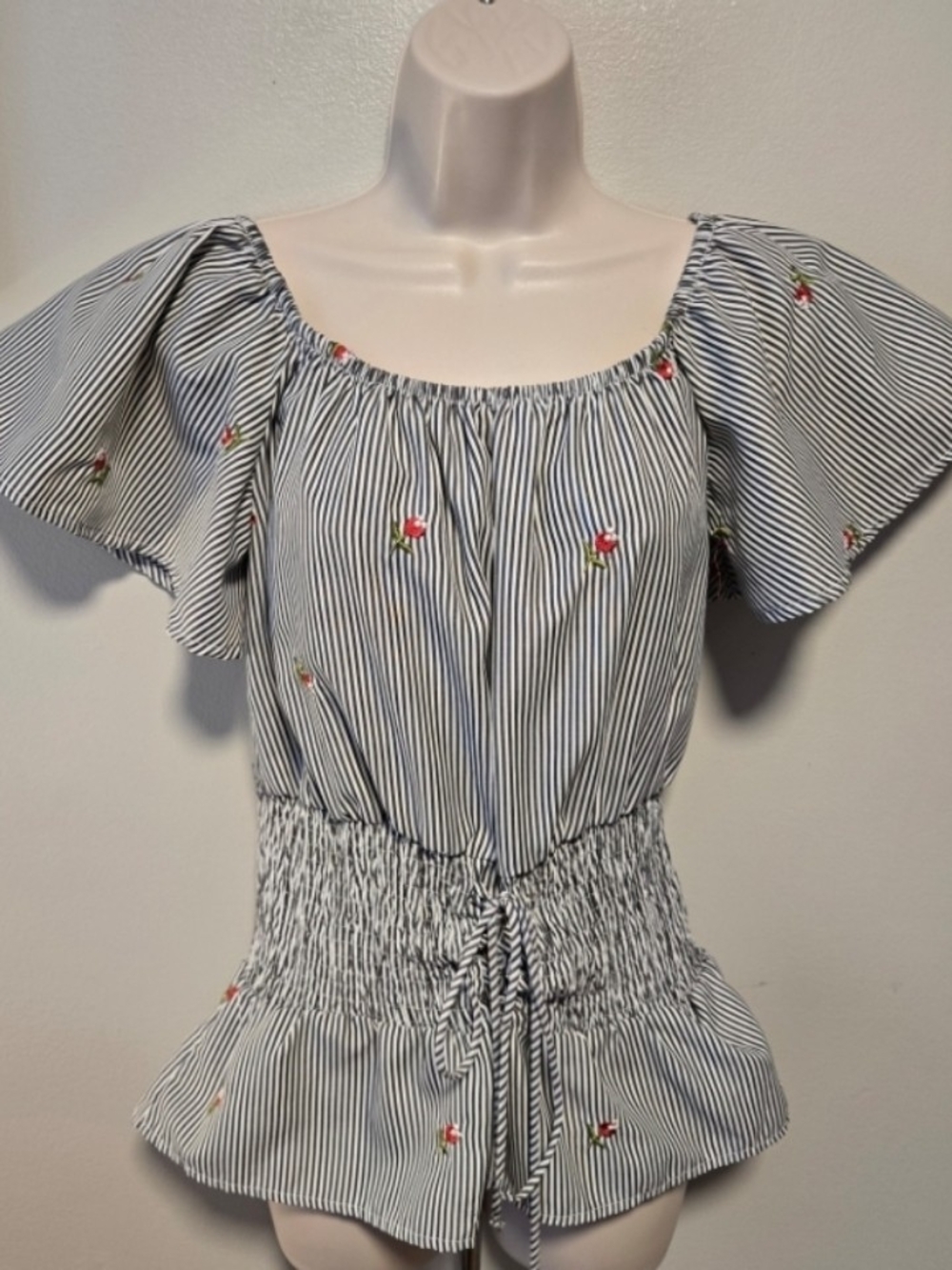 Kontrol Striped Off-Shoulder Peplum Top with Floral Embroidery - Blue & White S